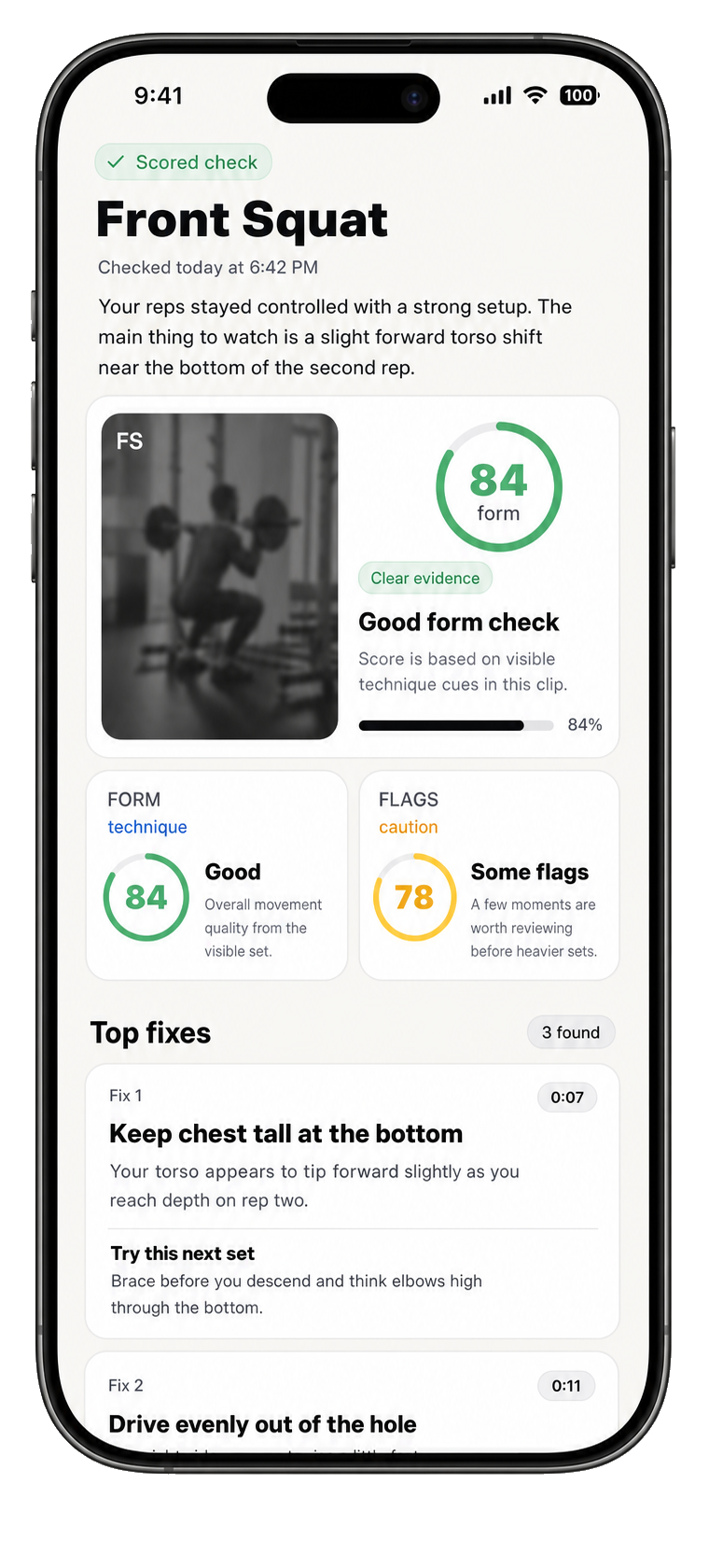 VeraLift form check result screen showing a Front Squat score, timestamped fixes, and confidence labels.
